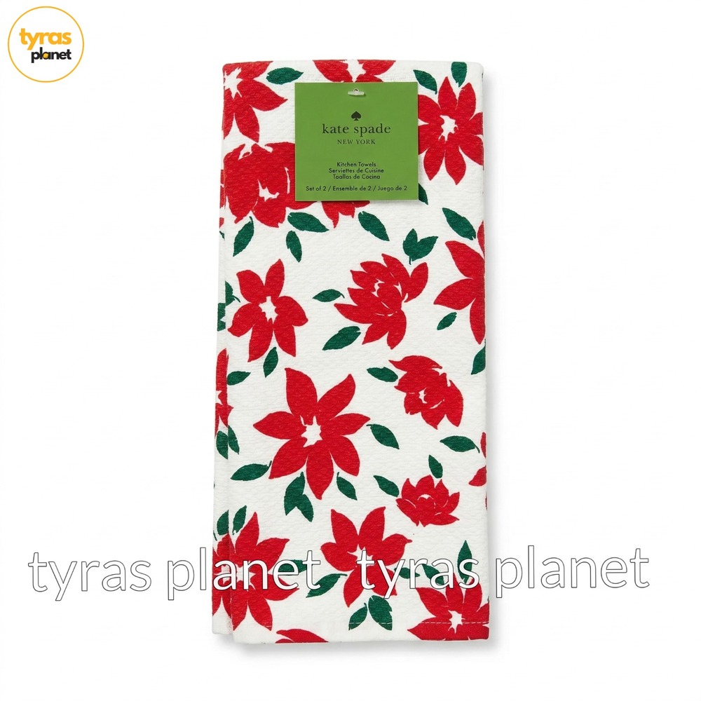 Kate Spade Kitchen Towels (2) Christmas Poinsettia 100% Cotton 17x28 Red Green